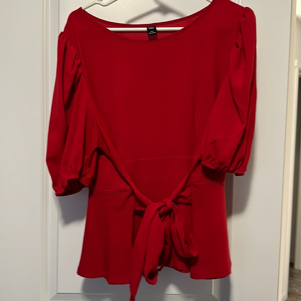 Red front wrap shirt.